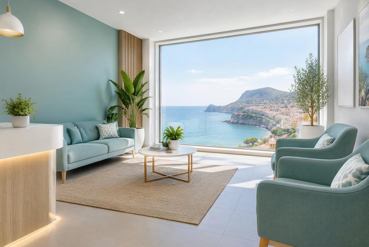 A bright, calm clinic waiting room with a window looking out over the sea